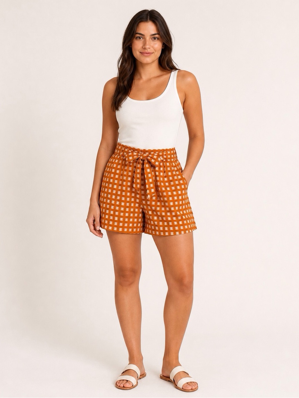 A New Day Paperbag Waist Shorts Sz S Rust Orange Geometric Belt High Rise Boho